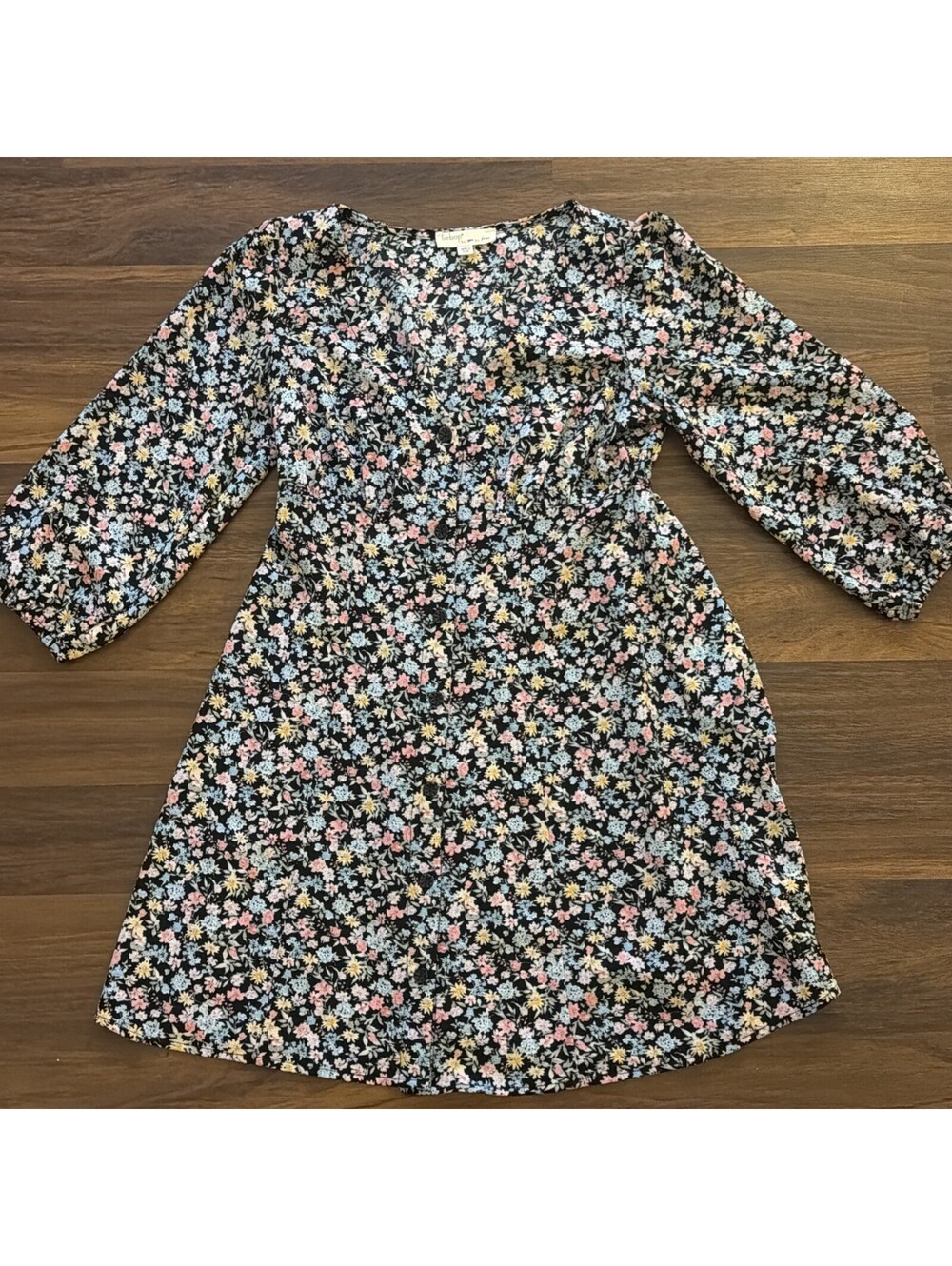 BeBop Empire Waist 3/4 Sleeve Black Floral V Neck Dress, Size XS, Excellent!